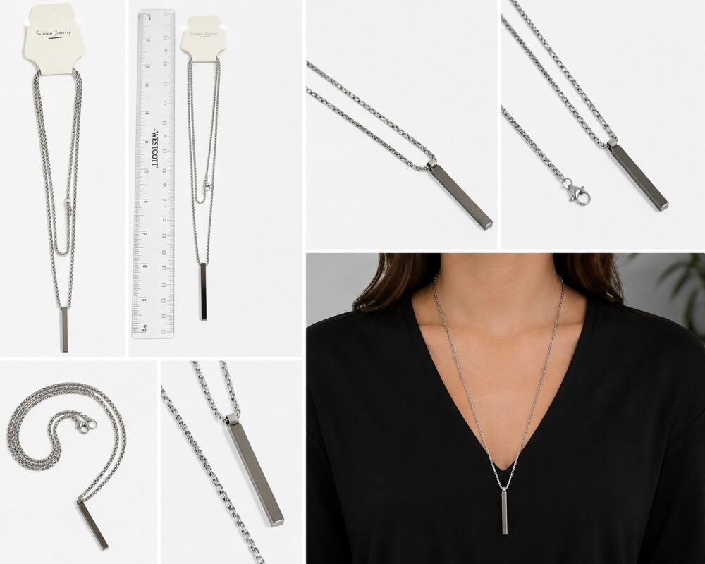Silver Bar Pendant Necklace – Minimalist Stainless Steel Fashion Jewelry